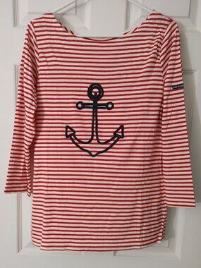 Gretchen Scott, Women Nautical Anchor Stripe Top Red White, 3/4 Sleeve, XS ,NWT